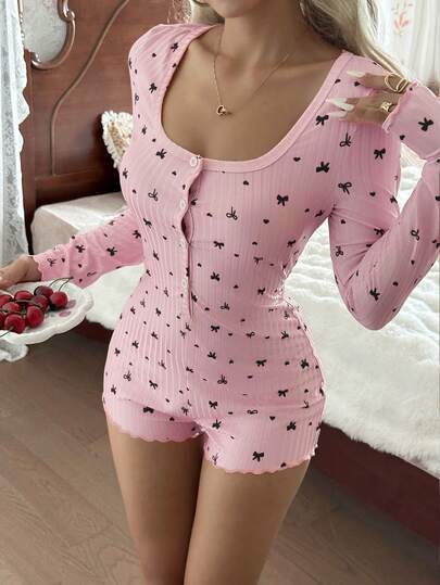 SHEIN Women's Bow & Heart Print Ribbed Knit Romper, Casual & Comfortable Long Sleeve Romper, Winter