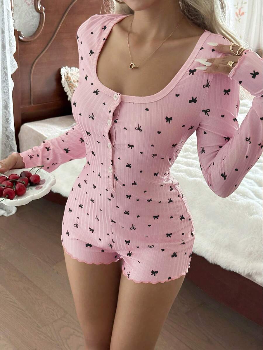 SHEIN Women's Bow & Heart Print Ribbed Knit Romper, Casual & Comfortable Long Sleeve Romper, Winter - Multicolor - View 1