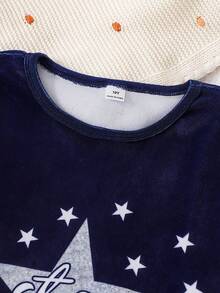 女童秋冬睡衣套装，星星字母印花长袖上衣+星星印花长裤，舒适两件套睡衣 - 寶藍色 - 查看 5