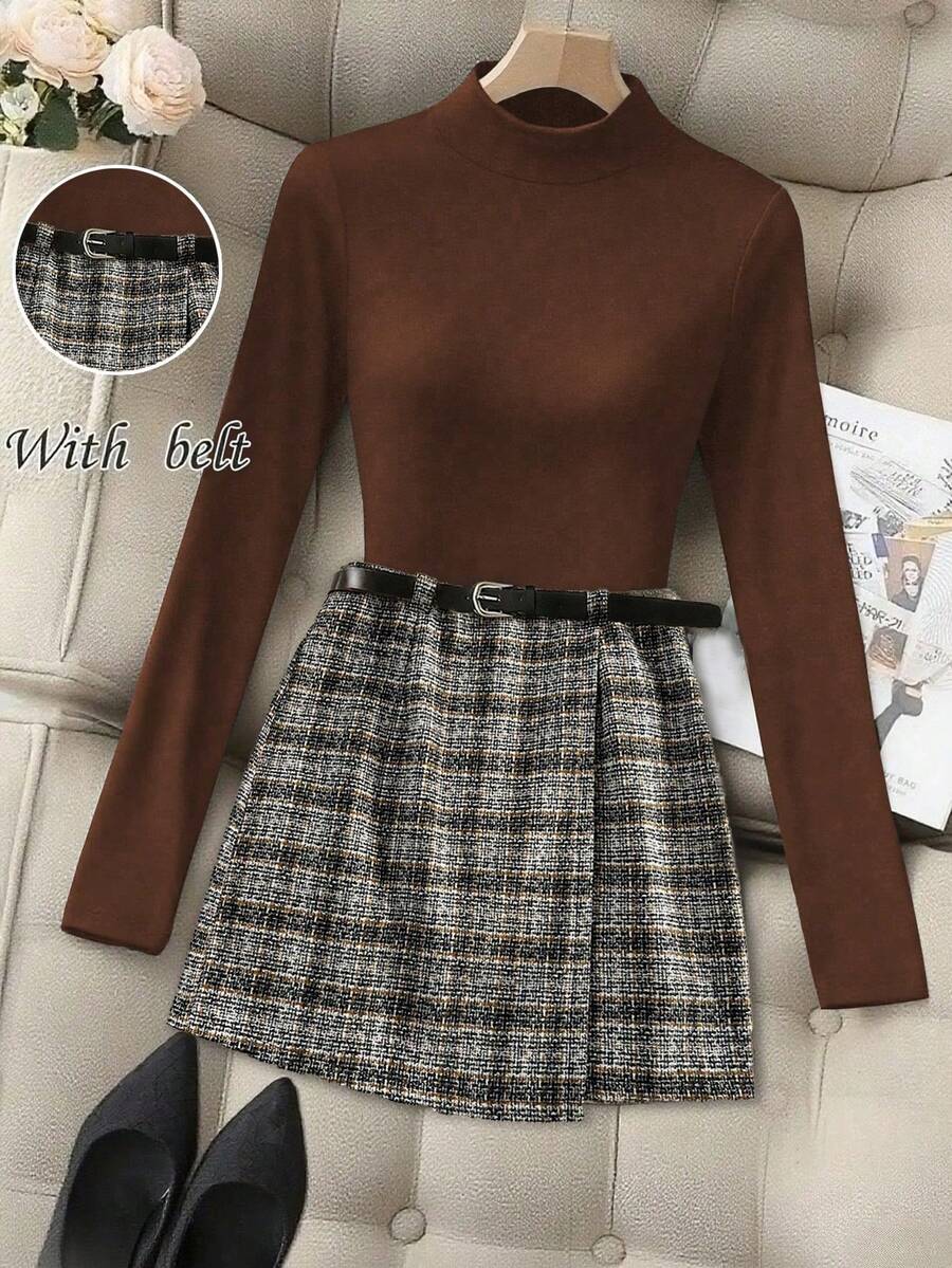 Franclia Elegant Women's Black Knit Turtleneck Top Paired With Vintage French Plaid Fitted Skort, Accessorized With Black Belt, 2-Piece Set, Autumn - Coffee Brown - View 1