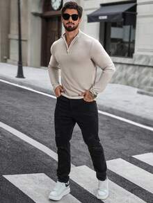 Manfinity CasualCool 男士纯色休闲百搭半拉链套头T恤 - 卡其色 - 查看 5