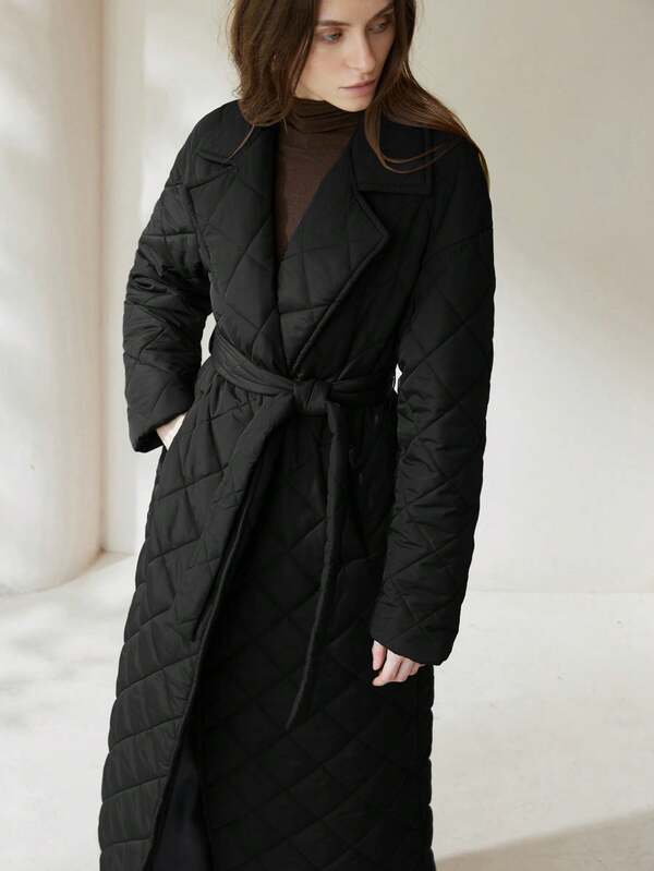 Aveloria Modichic Autumn/Winter New Simple Silhouette Turndown Collar Belted Diamond Quilted Long Padded Coat Coat