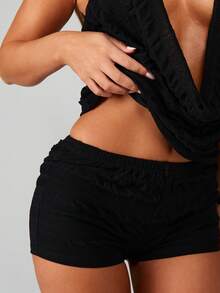 MISSGUIDED Ruched Cowl Neck Halter Top With Gathered Mini Shorts Two Piece Set Summer Festival Bodycon Outfit - Black - View 4