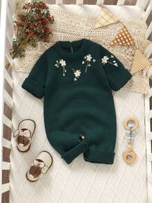 SHEIN 1pc Baby Green Romper With Embroidered Floral Decor, Crew Neck Long Sleeve Fashionable Sweater Jumpsuit Warm Jumpsuit For Baby Baby Sweater Romper Baby Girl Winter Sweaters Knitted Baby Girl Clothes Baby Knitwear Baby Set Autumn Winter Season Christmas Clothes For Baby Vintage Winter Baby Clothes Baby Layette Spanish Baby Clothes Baby Girl Clothes Green Floral Baby Clothes - Dark Green - View 5