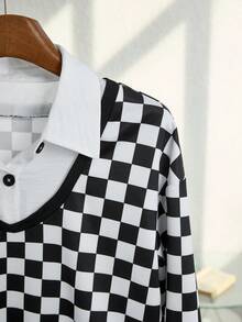 Resyla Women's New Fashion Houndstooth Patchwork White Collar Button Design 2 In 1 Sweatshirt, Retro Stylish Classic Versatile Casual Commuter Loose Fit Slimming Top, Spring Autumn Winter - Black and White - View 6