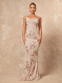 Lumalex 女士优雅性感卡其色深V领刺绣网纱开衩无袖修身连衣裙，春秋季 - 卡其色 - 查看 9