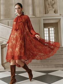 Anewsta Savoree 优雅派对蕾丝领系腰宽松迷你连衣裙 - 鏽棕色 - 查看 3