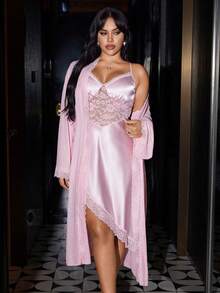 SilkySpell 性感睡袍网纱睡衣套装，蕾丝拼接高开衩性感成熟魅力优雅法式情人节浅粉色睡衣套装，性感开衩睡袍加大码 - 粉色 - 查看 5