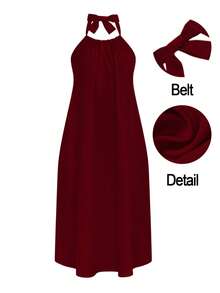 SHEIN Clasi Plus Size Elegant Solid Color Backless Halter Dress, Summer - Burgundy - View 1