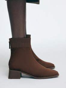 Mnmlis 时尚踝靴 | 弹力针织靴口 | 粗跟设计 | 棕色绒面革 | 2 双鞋，奢华仿皮材质 - 棕色 - 查看 7