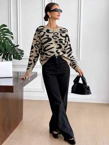 Serisse Women's Fashionable Elegant Bow Shoulder Long Sleeve Sweater, Bow Decoration On The Back,Fall For Women,Going Out ,Chic  Sweater, Fall For Women,New Year ,Party,Graduation ,Casual, Prom ,Going Out Tops Winter Casualwinter Clothes For Women,Summer, Christmas ,  Elegant,Leopard,Black, Casual,Sweaters For Women - Apricot - View 7