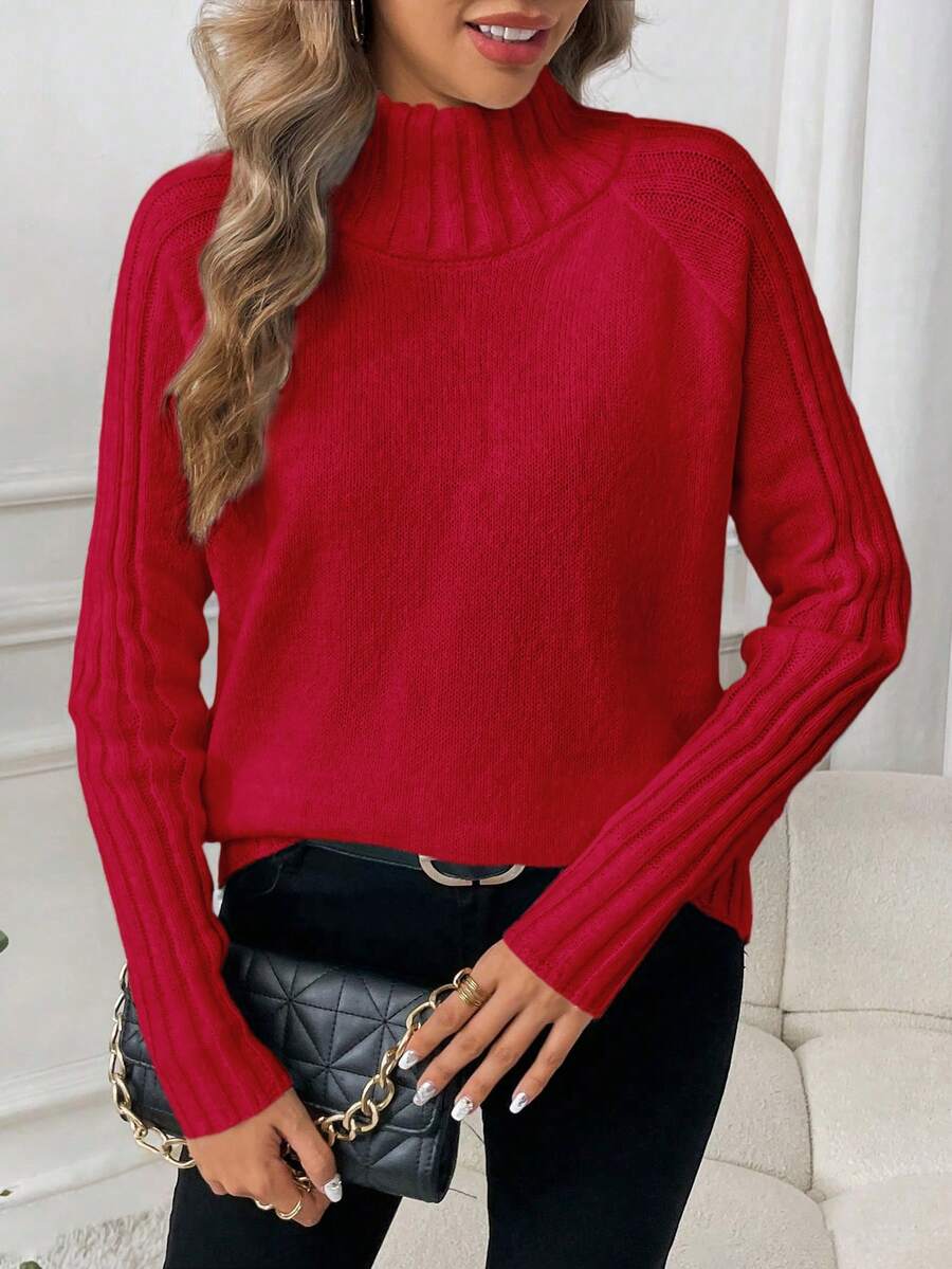 SHEIN LUNE Sweater Kasual Warna Polos dengan Kerah Tegak, Musim Gugur/Musim Dingin - Merah - View 1