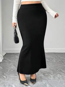 Dazy Plus 纯色优雅弹力腰修身裹身鱼尾裙，秋冬毛衣裙 - 黑色 - 查看 6