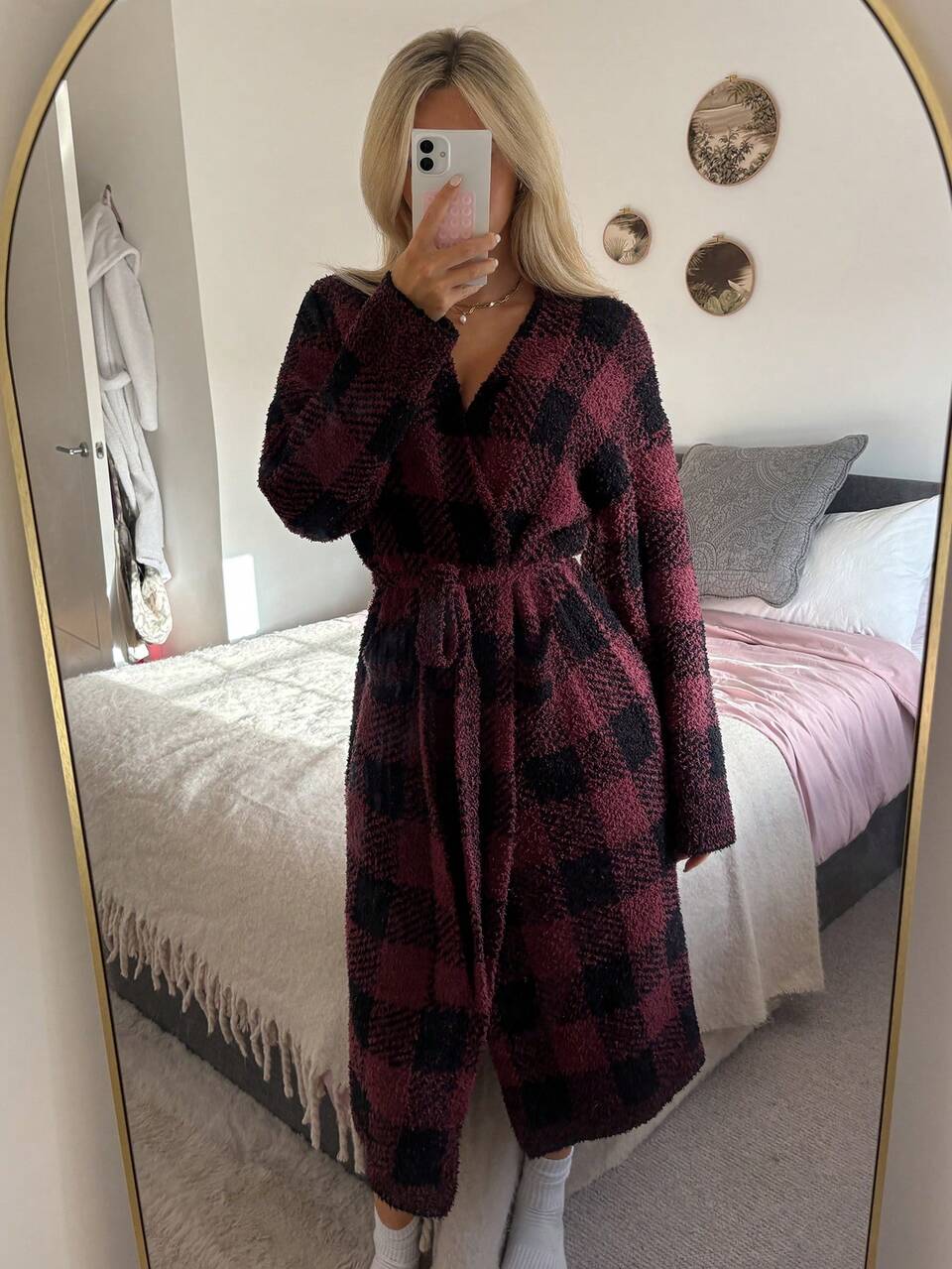 Women's Long Plaid Jacquard Knit Robe, Winter New Year