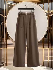 GlowEve 优雅女士阔腿裤，带口袋装饰和腰部收紧设计 - 駝色 - 查看 3