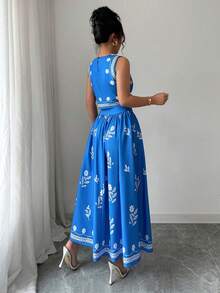 Selianne 2 件套女士无袖上衣和裙子，夏季时尚 - 藍色 - 查看 2