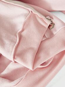 ROMWE Kawaii Cute & Sweet Bear Embroidery Zip Front Drawstring Sweatshirt For Women - Baby Pink - View 5