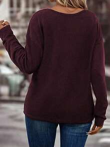 EMERY ROSE Nueva camiseta básica de manga larga con cuello en V y estampado de corazón pequeño, talla grande, color burdeos - Multicolor - View 2
