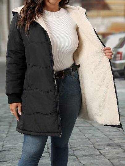SHEIN Tall CURVE Plus Size Fashionable Versatile Thermal Lined Hooded Jacket, Winter