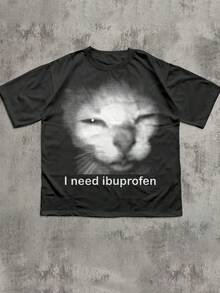 Glimmora Áo thun nữ cổ tròn tay ngắn in hình mèo Slogan - màu đen - Xem 4