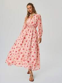 Freevana Women's Casual Floral Print Dress For Vacation Going Out Boho Women Clothing Country Romantic Chiffon Dresses For Women Boho Dress Women Long Sleeve Summer Dresses