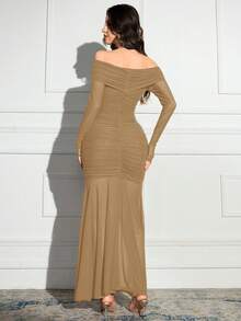Modelyn Women's Solid Color Off Shoulder Long Sleeve Ruched Fishtail Hem Fitted Dress, Elegant - Khaki - View 3