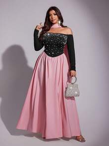 Viva Relle 大码女式优雅纯色针织高弹力面料水钻和珍珠装饰露肩设计拼色高领连衣裙，适合派对、圣诞节、生日、婚礼嘉宾、秋冬 - 彩色 - 查看 4