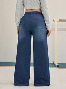 Flexra Blugi damă de culoare solidă, talie medie, casual, croială dreaptă, lejeră, cu buzunare, versatili - Spălare întunecată - Vizualizare 2