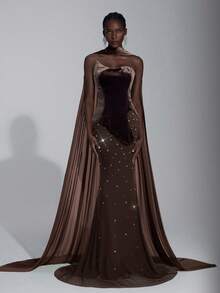 Elitara 优雅奢华的军绿色天鹅绒面料，大量装饰不对称领口亮片鱼尾裙，女士正式晚礼服 - 棕色 - 查看 6