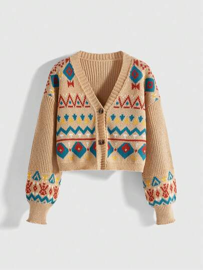 Hippie Cardigan lavorato a maglia con scollo a V in stile retrò con motivo geometrico jacquard, giacca morbida e casual color cachi, nuovo modello autunnale