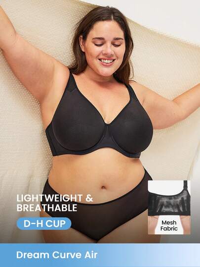 LUVLETTE  Plus Dream Curve Air Full Coverage Airy Breathable Sheer Mesh Spacer Cup Black Basic Breezy Comfort Minimizer Bra