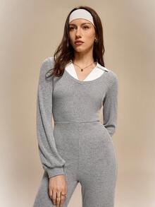 Firalyn Women's Colorblock Lapel Long Sleeve Casual Jumpsuit, Suitable For Daily Wear, Autumn/Winter - Grey - View 6