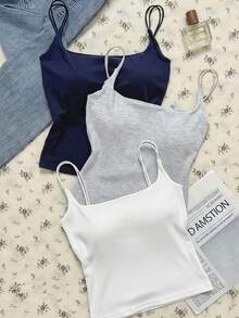 Tseoso Casual Versatile 3 Packs Camisole Tops With Built-In Padded Bra - White, Grey, Royal Blue Ribbed Tank Top Design, Perfect Summer Tops, Suitable For Year-Round Wear. Ideal For Home, Casual Outings, And Sports. Comfortable And Stylish Cami For Layering Or Wearing Alone.,Tank Top - Black - View 3