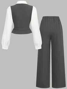 SHEIN Teen Girls Shirt Co-Ords Patchwork Double-Breasted Lapel Shirt & Solid Color Pants Casual Suit Set