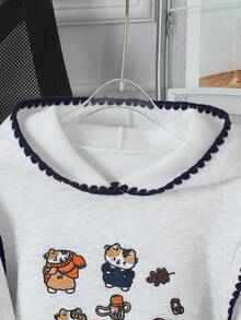 SHEIN 新款少女卫衣（单件装）：可爱休闲风，正面绣有动物图案，针织保暖内衬，浅灰色，连帽套头衫，宽松舒适的长袖卫衣。采用独特的撞色拼接设计。适合秋冬季节、户外活动、上学、旅行、聚会、运动等场合。必备卫衣！ - 灰色 - 查看 7