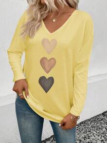 EMERY ROSE Women's V-Neck Cuff Sleeve, Popular Ombre Heart Print Casual Versatile Long Sleeve T-Shirt - Yellow - View 4