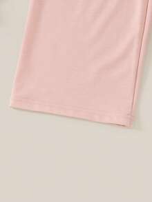 SHEIN Áo thun tay ngắn in họa tiết hiệp sĩ ve kẻ sọc cho bé gái và quần ống rộng thường ngày - Bụi hồng - Xem 7