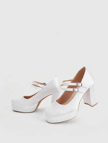 CUCCOO LuxiPop 女士厚底派对礼服高跟鞋，方头粗跟双带设计，白色正式高跟鞋，Y2K风格派对及约会之夜鞋履，时尚正式厚底白色高跟鞋 - 女士 - 完美适用于派对和婚礼 - 时尚达人的理想礼物，感恩节特惠，适合情人节、圣诞节派对 - 白色 - 查看 5