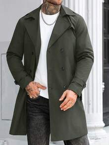 Manfinity Mode Men's Street Hot INS Matching Black Plain Anti-Peak Fabric Double-Breasted Lapel Oversized Trench Coat Plain Casual Trench Coat Boyfriend Husband Gift Anniversary Gift Men Outerwear Army Green Trench Coat Green Trench Coat Men Mens Olive Green Coat Green Coat Men
