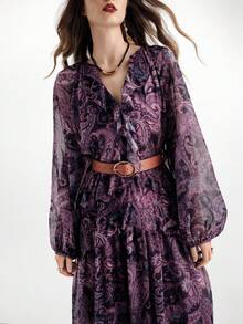 Aveloria Modichic Bohemian Style Loose Ruffled Hem Dress With Belt, Layered Long Sleeve Dress - Purple - View 7