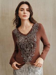 Anewsta New Autumn/Winter Women's Thanksgiving & Christmas Elegant V-Neck T-Shirt, Comfortable & Slimming Sweater With Stylish Collar Design - Coffee Brown - View 5