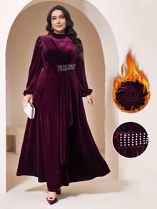 Veilorie Plus Size Women's Elegant Velvet Arabic Style Dress - Burgundy - View 1