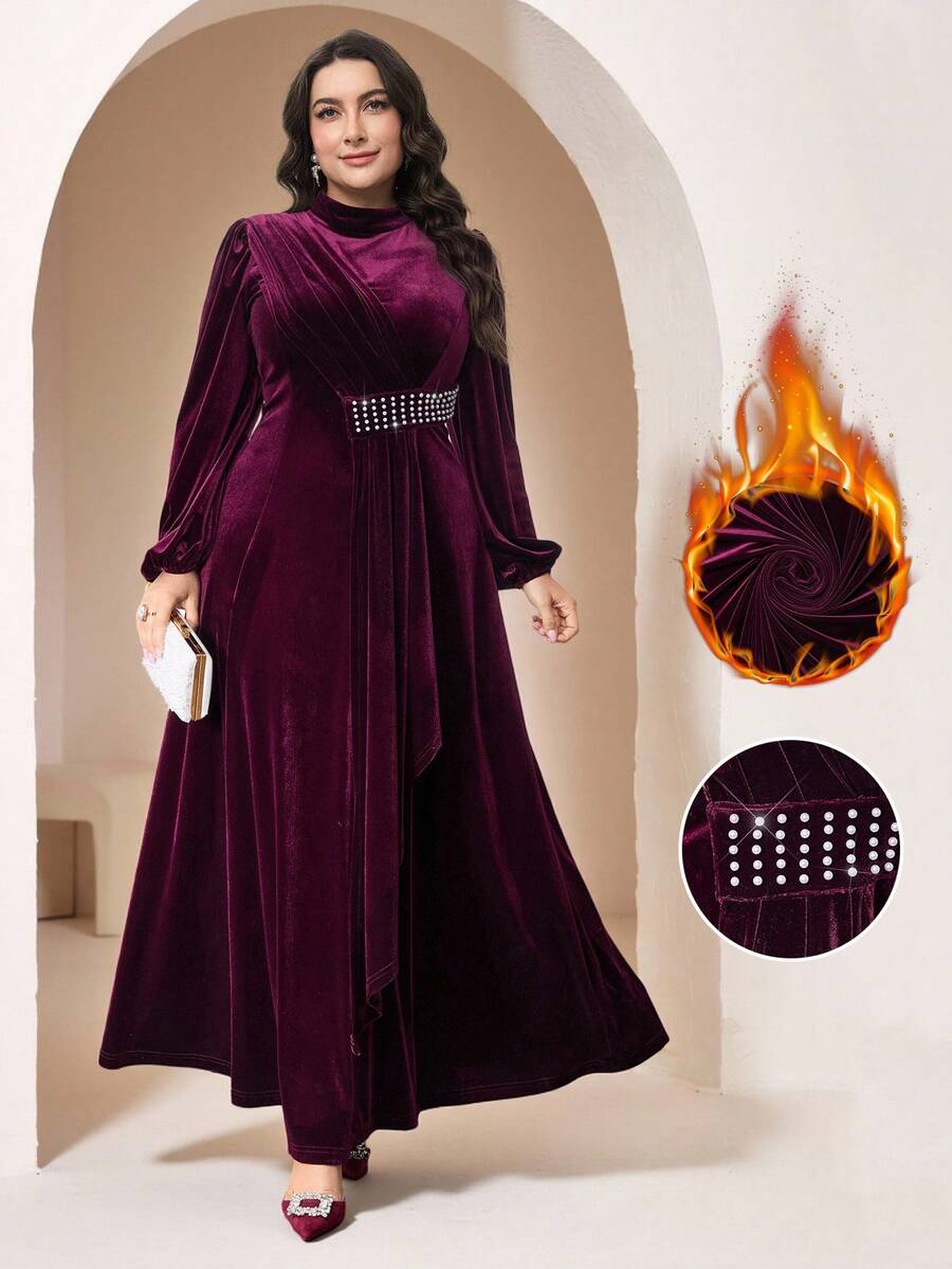 Veilorie Plus Size Women's Elegant Velvet Arabic Style Dress - Burgundy - View 1