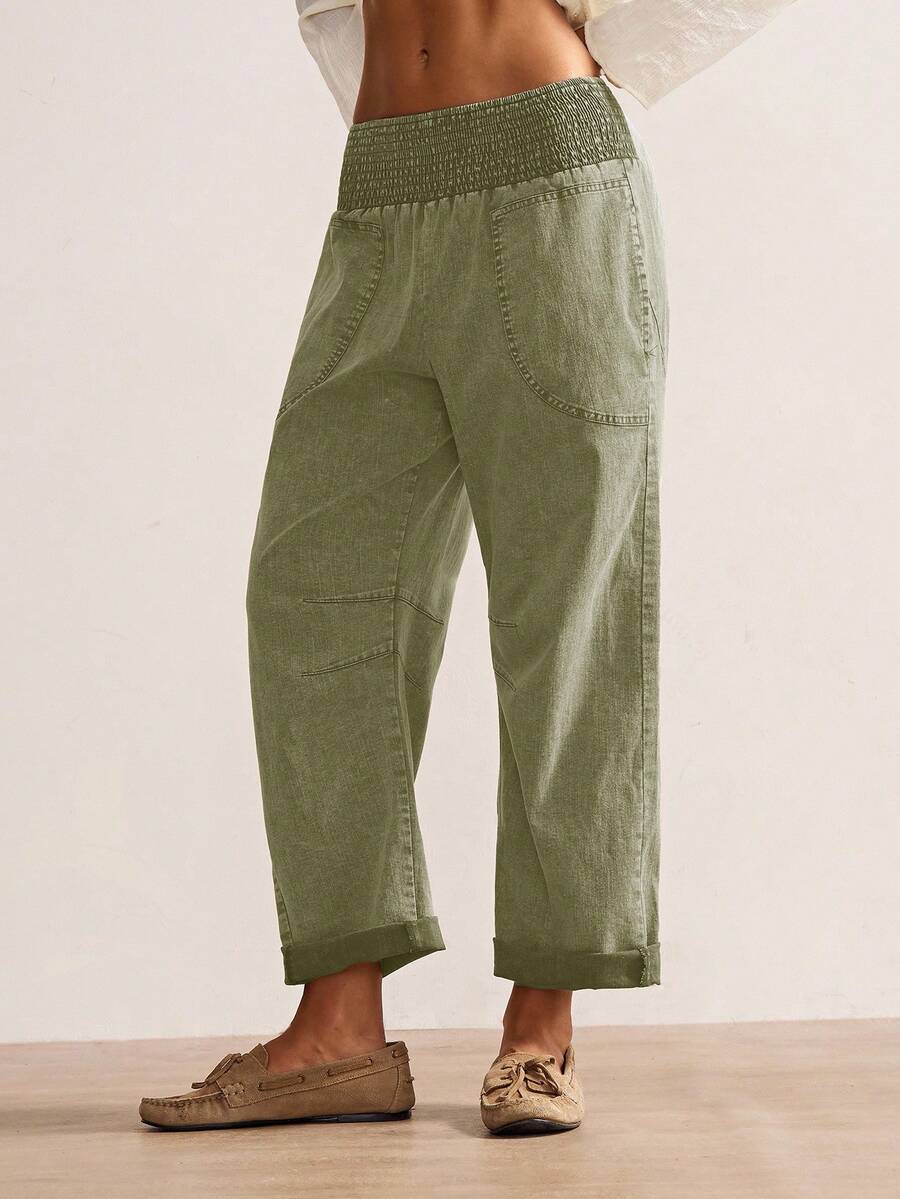 Bohemela Women's Casual Solid Color Woven Loose Low Waist Pants, Autumn/Winter Boho Style - Olive Green - View 1