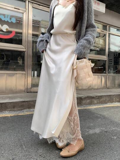 DAZY Women's Satin & Lace Patchwork Casual Loose Skirt