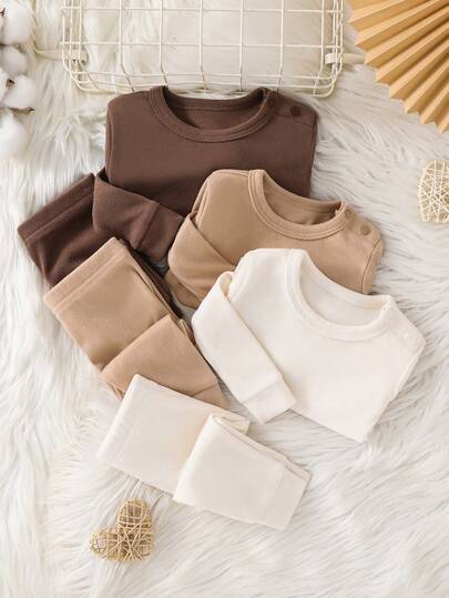 SHEIN Leap Crew 新生女宝宝简约舒适针织抓绒高弹力圆领长袖长裤睡衣套装，2件套