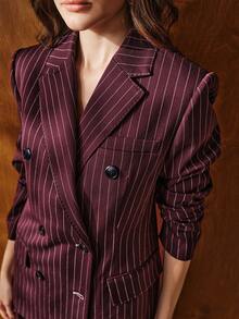 Anewsta Urban Chic Autumn/Winter New Fine Striped Long Sleeve Lapel Pearl Trim Women's Blazer + High Waist Relaxed Women's Suit Pants, Women's Suit Set - Purple - View 2