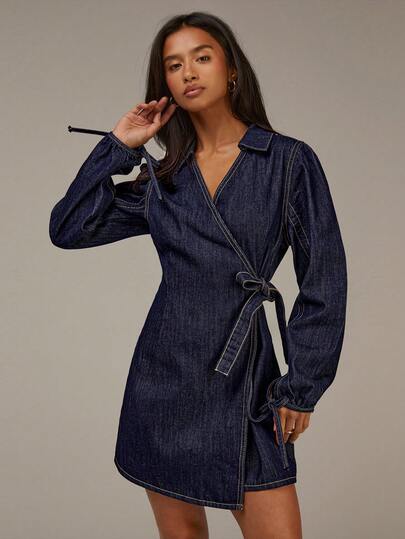 Athîral Women's Casual Denim Wrap-Style Long-Sleeved Dress With A Tie. Suitable For Outings, Graduation Ceremonies, Thanksgiving, Christmas, And Other Holiday Occasions. Preppy Style, Elegant And Chic For Holiday Wear