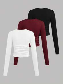 SHEIN Girlism Bộ 3 áo thun tay dài cổ tròn màu trơn cho bé gái tuổi teen - Màu Đỏ Sâu - Xem 2