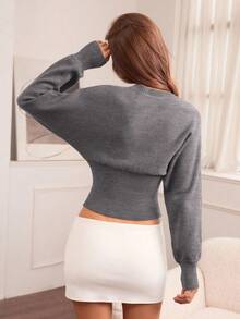 Hanevo Casual Round Neck Drawstring Waist Slim Fit Solid Color Knit Sweater, Versatile For Autumn/Winter - Dark Grey - View 2